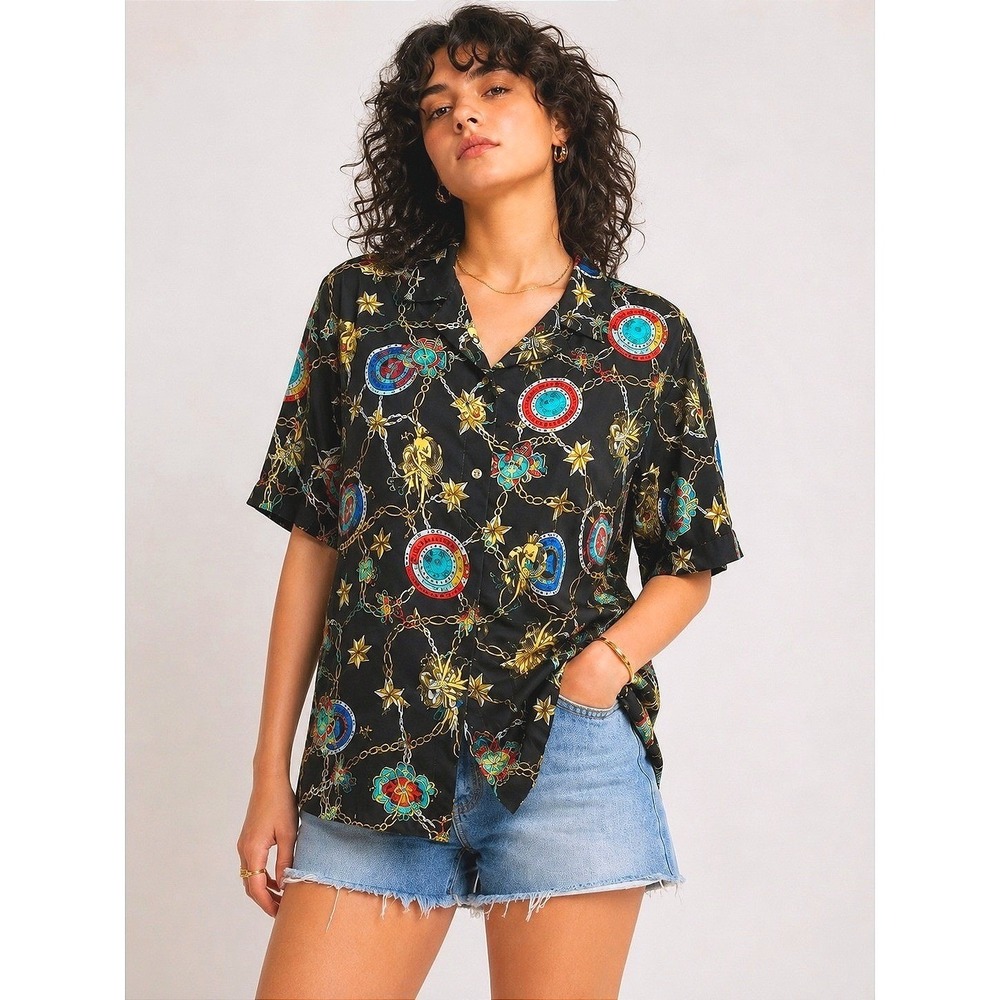 Lavon Camp Shirt L Vintage Black Chain Print Button Up Resort Vacation Retro